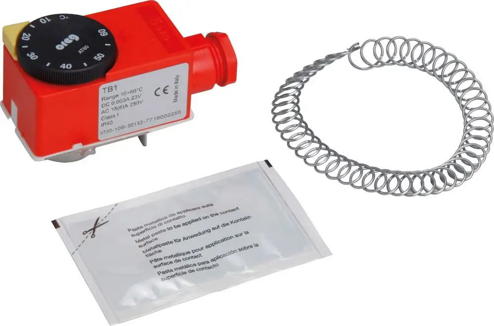 Temperaturwächter von Bosch in roter Ausführung, zusammen mit einer Metallfeder und einem Beutel mit pastenähnlichem Material für Kontaktanwendung.